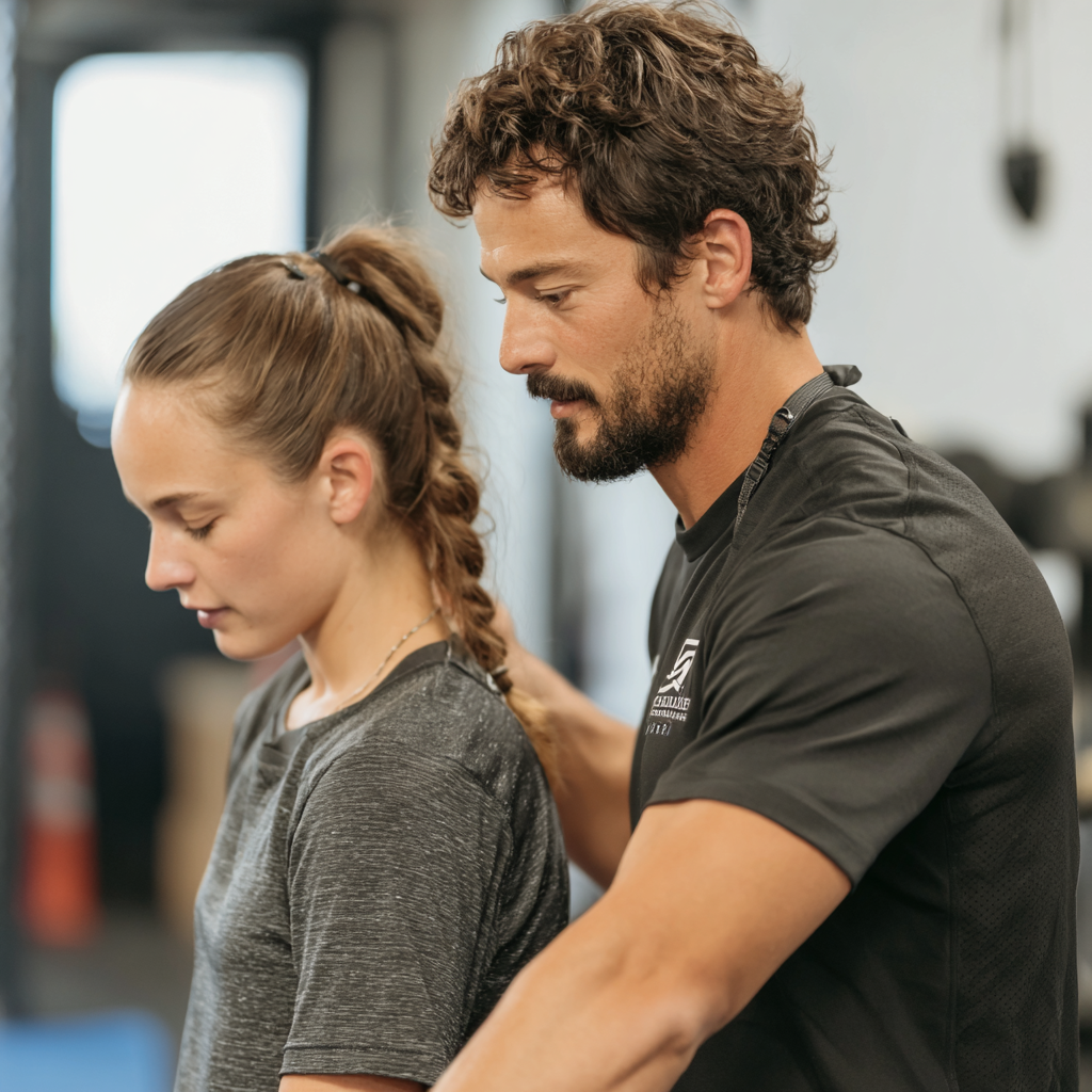 Peaceful European woman in her forties meditating in a comfortable seated position, demonstrating the balance between movement and rest in a serene natural setting